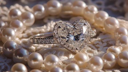 A stunning heart-shaped diamond ring rests elegantly on a pearl necklace, complemented by a delicate lace background, perfect for capturing love and luxury.の素材