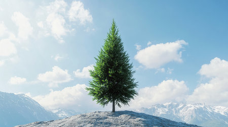 A solitary green pine tree stands majestically on a snowy mountaintop under a clear blue sky, surrounded by soft clouds, evoking tranquility and natural beauty.の素材