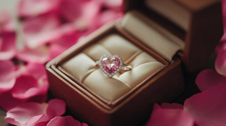 A stunning heart-shaped pink gemstone ring placed on a plush velvet cushion, surrounded by soft pink petals, perfect for romantic occasions and gifts.の素材