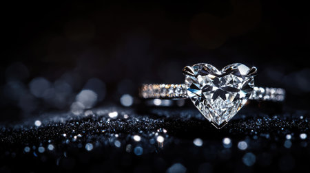 A stunning heart-shaped diamond engagement ring gleams against a sparkling dark background, capturing the essence of romance and luxury in exquisite detail.の素材