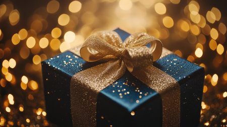 A beautifully wrapped blue gift box adorned with a shimmering gold ribbon, set against a dreamy, sparkling background. Perfect for holiday themes.の素材