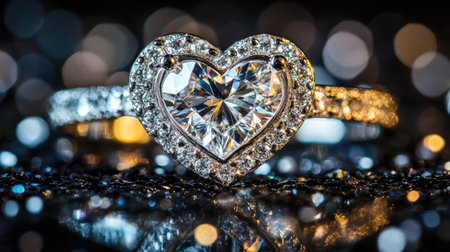Capture the essence of love with this stunning heart-shaped diamond ring, featuring a brilliant centerpiece surrounded by sparkling stones, perfect for special occasions.の素材
