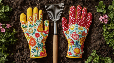 Brightly colored gardening gloves are paired with a rake, resting on rich soil surrounded by vibrant flowers. Perfect for gardening enthusiasts and spring activities.の素材