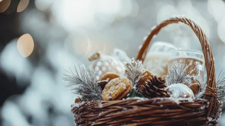 A beautifully arranged basket filled with cookies, ornaments, and pinecones, set against a snowy background, captures the essence of festive warmth and holiday cheer.の素材