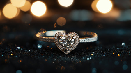 This stunning heart-shaped diamond ring sits elegantly on a sparkling surface, capturing light beautifully and symbolizing love and commitment.の素材