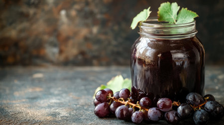 A beautiful glass jar filled with dark grape jam, garnished with fresh leaves, displayed alongside grapes on a rustic table, perfect for food styling.の素材
