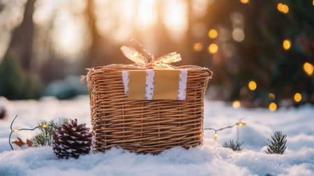 A rustic gift basket adorned with a bow sits in soft snow, illuminated by warm sunlight and surrounded by twinkling lights and pine cones, creating a festive winter atmosphere.の素材