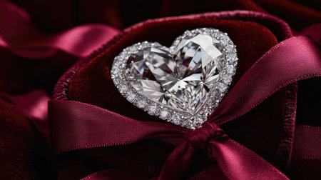 A stunning heart-shaped diamond sits elegantly on red velvet, adorned with a rich ribbon. Perfect for celebrating love and special moments.の素材