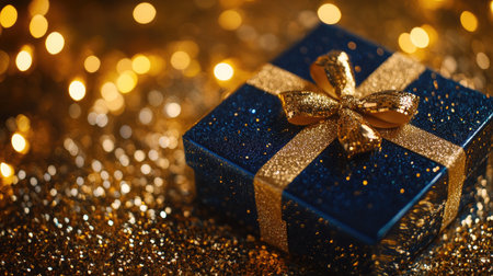 A stunning blue gift box adorned with a golden bow rests on a shimmering surface, illuminated by warm bokeh lights, creating a festive atmosphere perfect for celebrations.の素材