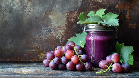 A delightful jar of fresh grape juice sits among ripe grapes and leaves on a rustic wooden background, capturing the essence of natural goodness and vibrant flavor.の素材