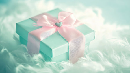 A charming mint gift box adorned with a pink ribbon rests on a fluffy background. This beautiful setup evokes feelings of joy, tenderness, and celebration. Perfect for various occasions.の素材