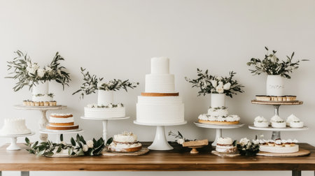 A stunning array of elegant white cakes displayed on a rustic table, adorned with fresh greenery and delicate flowers, ideal for weddings or celebrations.の素材