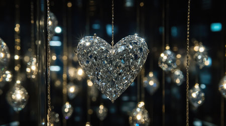 A stunning crystal heart suspended amidst radiating orbs, creating a captivating display of light and elegance perfect for romantic themes and celebrations.の素材