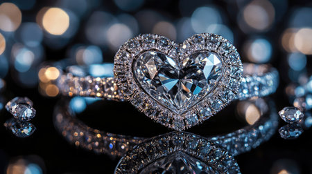 A stunning heart-shaped diamond ring adorned with sparkling stones set against a dark background, showcasing elegance and luxury perfect for any romantic occasion.の素材