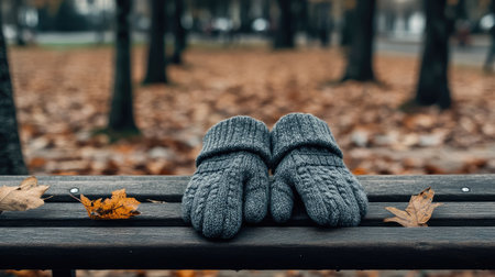 A pair of cozy grey mittens rests on a wooden bench surrounded by fallen autumn leaves, creating a tranquil and peaceful outdoor scene perfect for showcasing seasonal changes.の素材