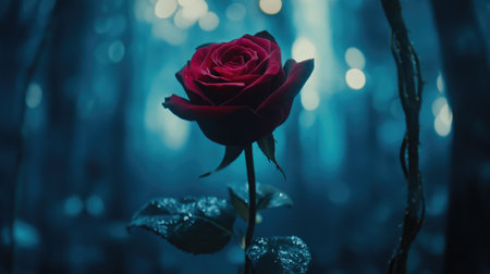 A stunning red rose stands alone amidst a mystical forest, radiating beauty and elegance. The ethereal background creates a dreamlike atmosphere perfect for romantic themes.の素材