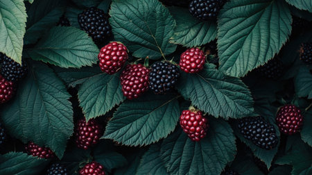 A vibrant composition of fresh raspberries and blackberries nestled among lush green leaves, showcasing the beauty of nature's bounty and healthy living.の素材