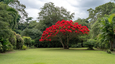 A stunning red flowering tree stands majestically in a lush green landscape, offering a tranquil scene filled with vibrant colors and natural beauty.の素材