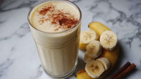 A creamy banana smoothie sprinkled with cinnamon, served in a tall glass. Fresh banana slices accompany this healthy drink on a marble countertop. Perfect for breakfast or a refreshing snack.の素材