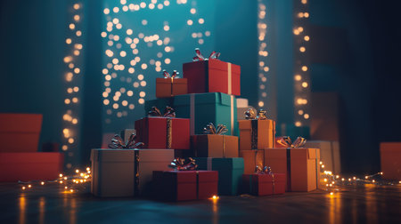 A vibrant display of colorful gift boxes arranged against a softly lit background. The atmosphere exudes warmth and joy, perfect for festive celebrations.の素材