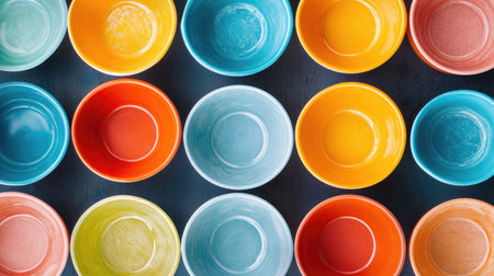 A vibrant display of colorful ceramic bowls arranged in a creative pattern. Each bowl features a unique color and smooth texture, perfect for decorative use.の素材