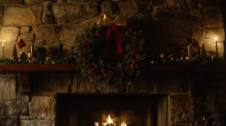 A warm and inviting fireplace adorned with a festive wreath and glowing candles, perfect for creating a cozy holiday atmosphere during Christmas celebrations.の素材