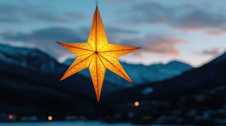 A stunning golden star ornament hangs elegantly, illuminated against a serene mountainous backdrop. This enchanting scene captures the essence of winter festivities.の素材