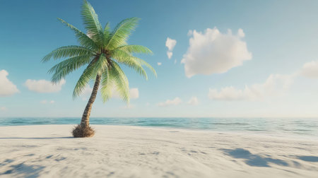 This image captures a tranquil tropical beach with a single palm tree under a clear blue sky. Perfect for evoking a sense of relaxation and paradise.の素材