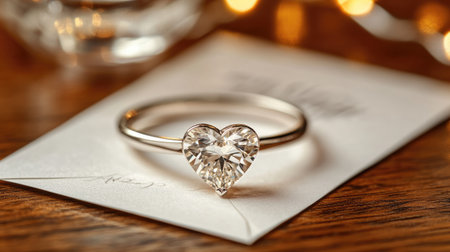 A stunning heart-shaped diamond ring rests on an elegant note card, symbolizing love and commitment. The intricate details capture the beauty of romance.の素材