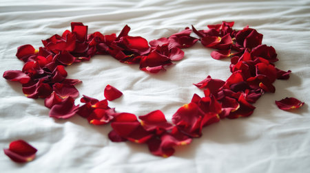 A beautiful heart shape formed by vibrant red rose petals on soft white fabric. Perfect for themes of love, romance, and special celebrations.の素材