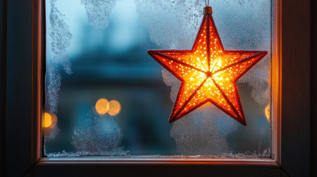 A beautiful illuminated star decoration hangs in a frosted window, casting a warm glow. The scene evokes a cozy winter ambiance, perfect for the holiday season.の素材