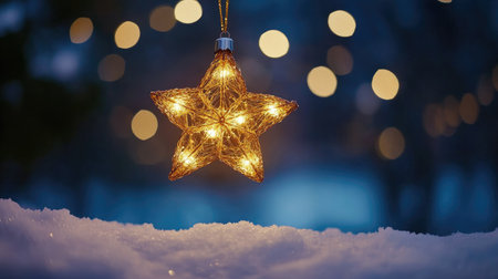 A beautiful star-shaped ornament featuring warm glowing lights hangs delicately above a soft blanket of snow, creating a serene winter scene that embodies the holiday spirit.の素材