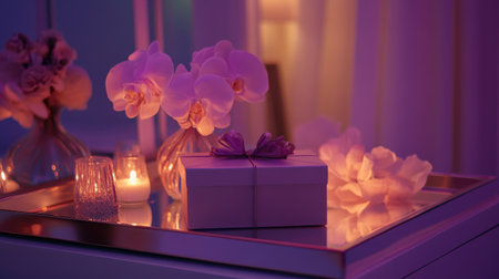 A beautifully arranged table featuring elegant orchids, a gift box, and soft candlelight. The serene purple glow creates a cozy and inviting atmosphere, perfect for celebrations.の素材