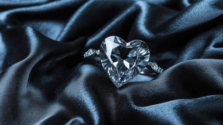 A stunning heart-shaped diamond ring glimmers on a smooth black satin background, capturing the essence of elegance and romance. Perfect for jewelry lovers.の素材