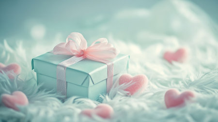 A charming pastel blue gift box adorned with a pink ribbon sits on a soft, fluffy white background, surrounded by heart-shaped decorations, evoking feelings of love and celebration.の素材