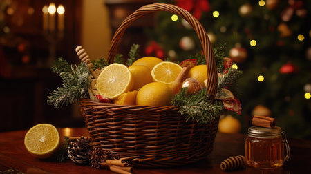 A beautiful arrangement of fresh lemons in a wicker basket, accented with holiday greenery, honey, and soft lighting, creating a warm festive atmosphere.の素材