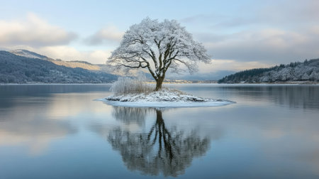 A stunning winter landscape featuring a solitary tree covered in snow, reflecting perfectly in the calm waters. The serene scene captures the beauty of nature in a tranquil setting.の素材
