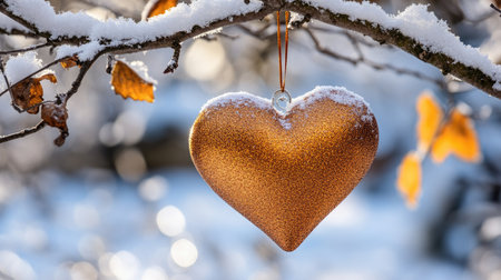 A close-up view of a glittery heart ornament hanging from a snow-covered branch. The serene winter scene offers a magical atmosphere with soft bokeh in the background.の素材