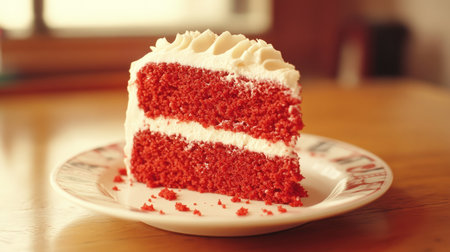 A close-up view of a slice of red velvet cake with white cream frosting on a decorative plate. The rich colors and fluffy texture make it an enticing dessert choice.の素材