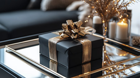 A chic black gift box elegantly wrapped with a gold ribbon rests on a reflective coffee table. Stylish decor enhances the festive ambiance, perfect for celebrations.の素材