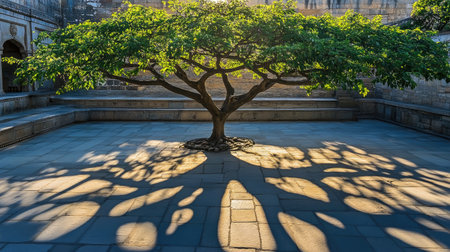 A breathtaking green tree stands boldly against a stone surface, casting intricate shadows that create a captivating natural pattern in sunlight.の素材