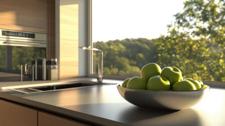 A beautifully arranged bowl of fresh green apples sits on a countertop in a modern kitchen, bathed in bright natural light, highlighting a serene and inviting atmosphere.の素材