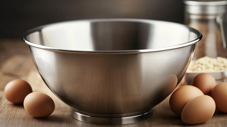A shiny metal mixing bowl sits on a wooden table, surrounded by fresh organic eggs. The rustic setting highlights cooking preparation for wholesome meals.の素材