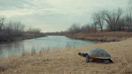 A solitary turtle emerges on the grassy riverbank, surrounded by a serene landscape under a cloudy sky. The calm water reflects the tranquility of nature.の素材