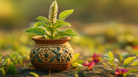 A beautiful decorative pot featuring a fresh green plant, set against a lush natural background, capturing the essence of tranquility and organic growth.の素材