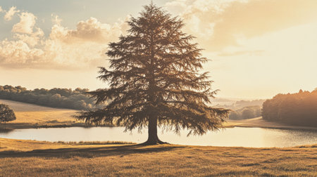 A stunning view of a lone tree beside a tranquil lake at sunset, showcasing the beauty of nature. The warm colors illuminate the peaceful landscape.の素材