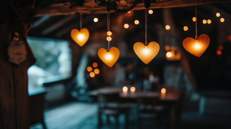 This captivating image features heart-shaped wooden decorations suspended in a cozy, warmly lit rustic interior, creating an inviting ambiance perfect for romantic settings.の素材
