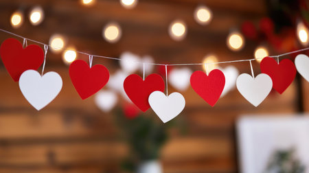 A vibrant garland of red and white heart decorations against a soft, blurred background. Perfect for adding a romantic touch to any celebration or event.の素材
