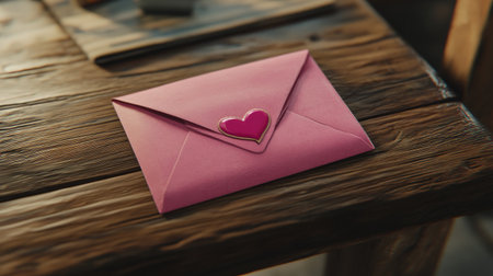 A charming pink envelope adorned with a heart seal rests on a rustic wooden table, symbolizing love and romance. Perfect for greetings and personal messages.の素材