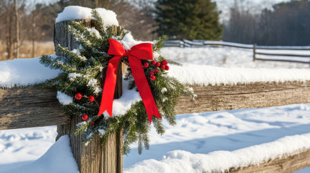 A beautiful snowy Christmas wreath with a red bow rests on a rustic wooden fence. This serene winter landscape captures the essence of holiday cheer in nature.の素材